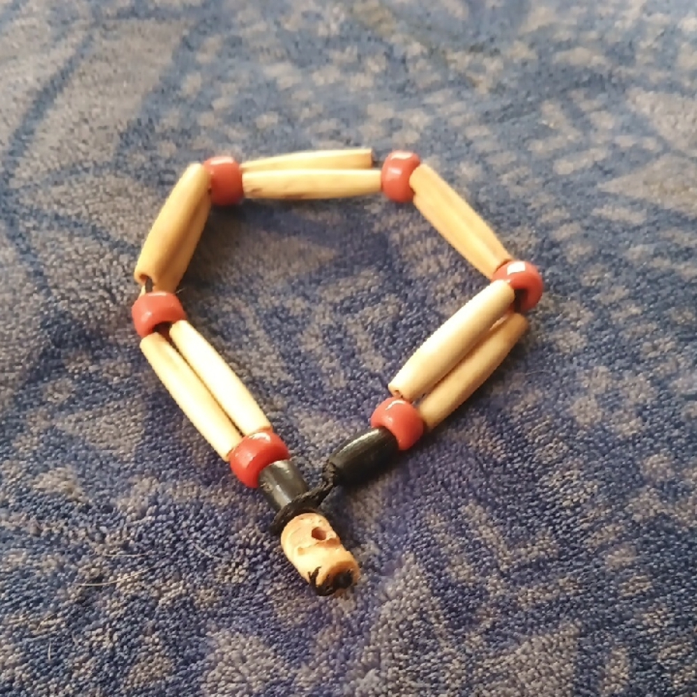 Handcrafted Beaded Bracelet with Red and Tan Accents